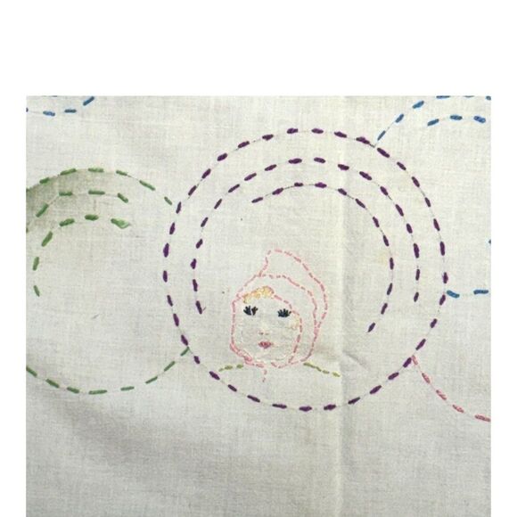 Vintage Hand Embroidered Baby Doll Child Faces & Printed Fabric  56.5 x 33.5 SEE - Picture 5 of 7
